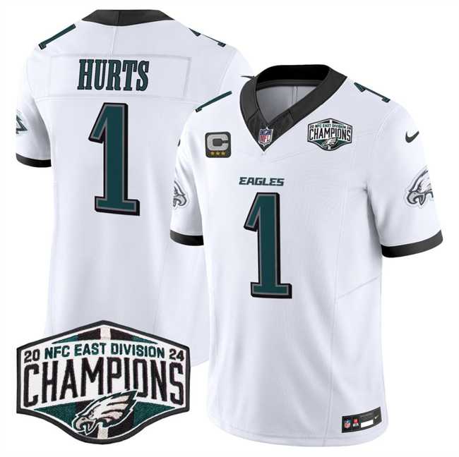 Mens Philadelphia Eagles #1 Jalen Hurts White 2024 New NFC East Champions With 3-Star C Patch F.U.S.E. Vapor Untouchable Limited Stitched Jersey